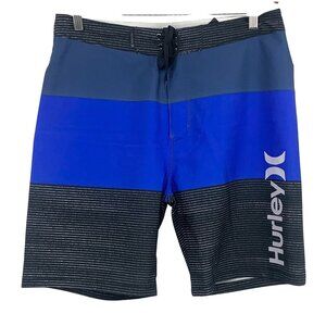 Hurley Mens Board Shorts Size 31 Blue Black Stripe Swim Surf Beach Pool EUC
